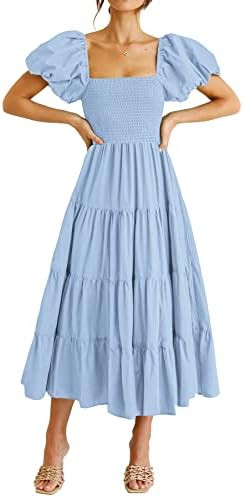 PRETTYGARDEN Women's Casual Summer Midi Dress Puffy Short Sleeve Square Neck Smocked Tiered Ruffl... | Amazon (US)