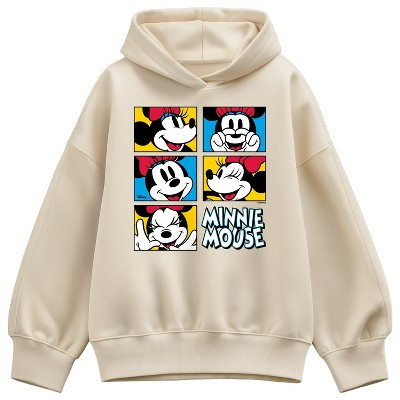 Women's Disney Minnie Faces Grid Oversized Fleece Hoodie Sweatshirt - Cream - Medium | Target