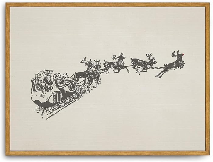 Roslynity Framed Canvas Wall Art Vintage Print Paintings Flying Santa Sleigh Reindeer Christmas N... | Amazon (US)