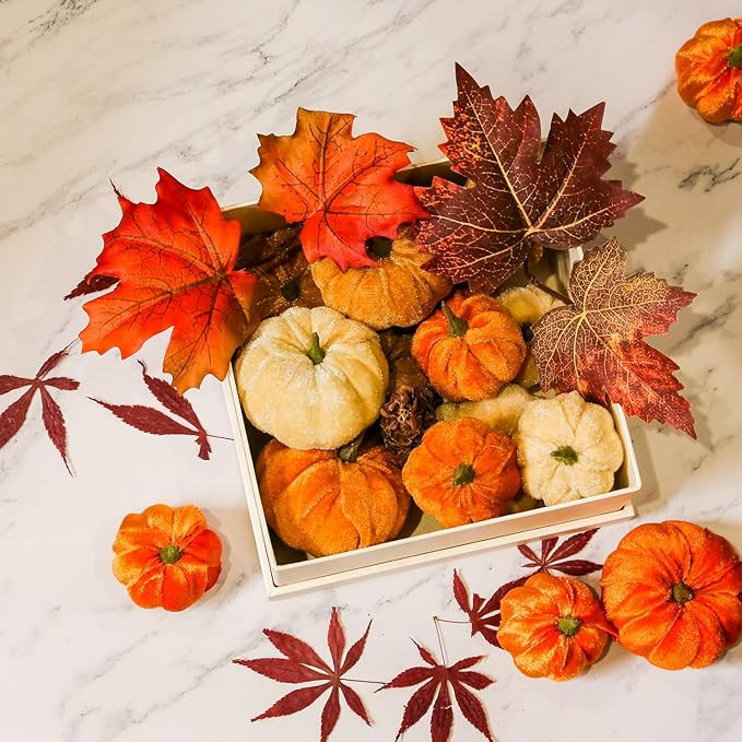 Romingo Artificial Pumpkins 12PCS Fake Artificial Velvet Small Pumpkins for Halloween, Fall and T... | Amazon (US)