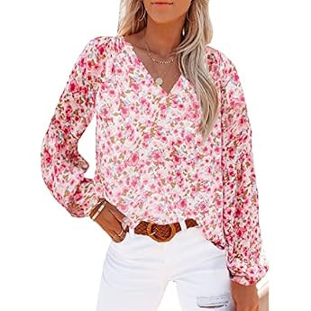 Lurvioy Womens Boho Floral Print V Neck Casual Chiffon Long Sleeve Puff Sleeve Loose Blouses Shirts  | Amazon (US)