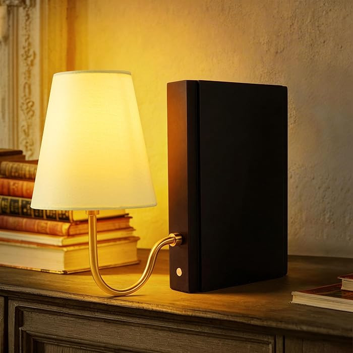 AELS Wooden Bookshelf Lamp with Bulb, Cordless Touch Dimmable Table Lamp with Linen Fabric Shade,... | Amazon (US)