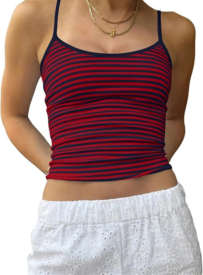 Cioatin Women Y2K Sleeveless Striped Spaghetti Strap Crop Cami Tank Backless Slim Fit Aesthetic G... | Amazon (US)