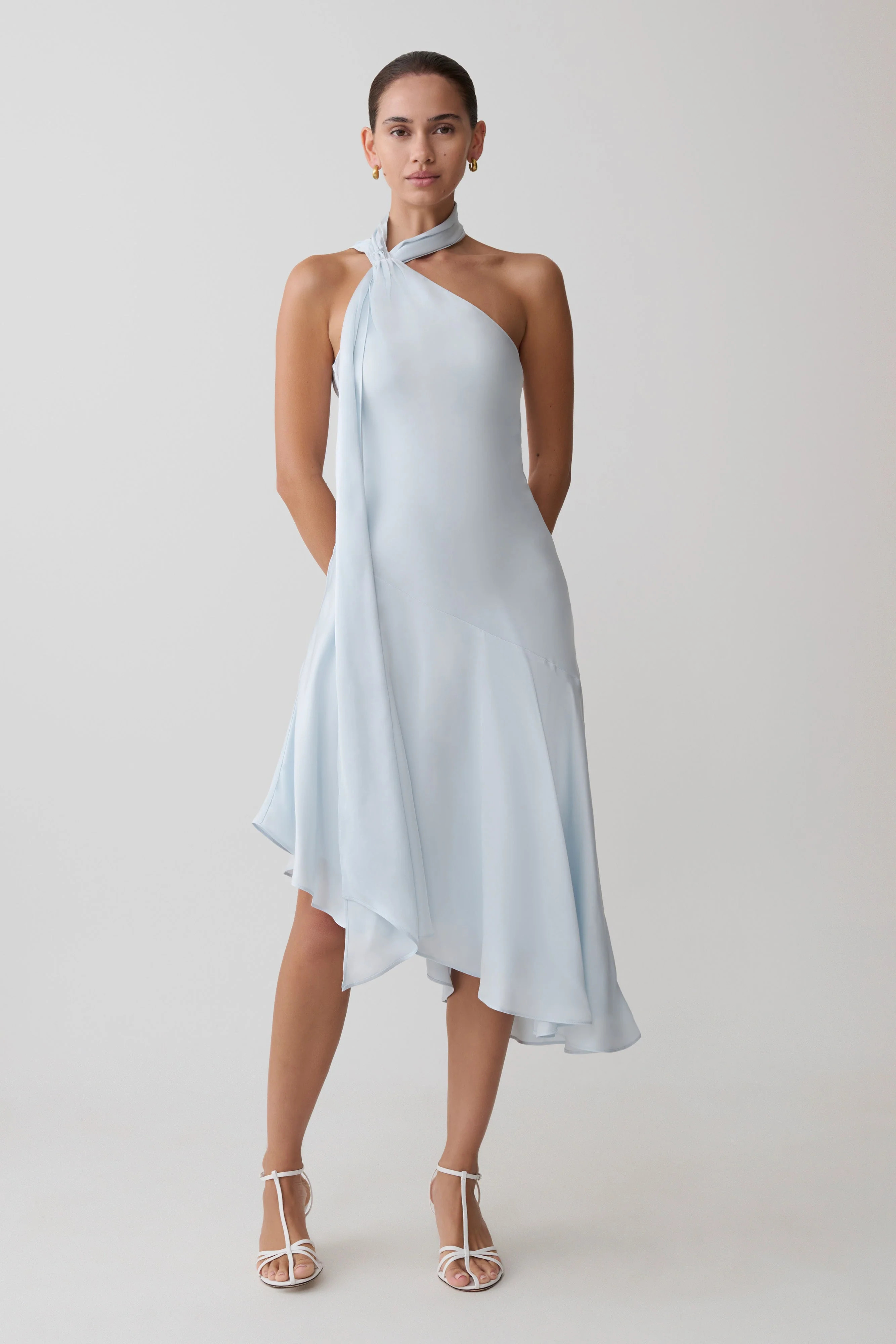 Evelina Halter Asymmetric Hem Midi Dress - Ice Blue | MESHKI US
