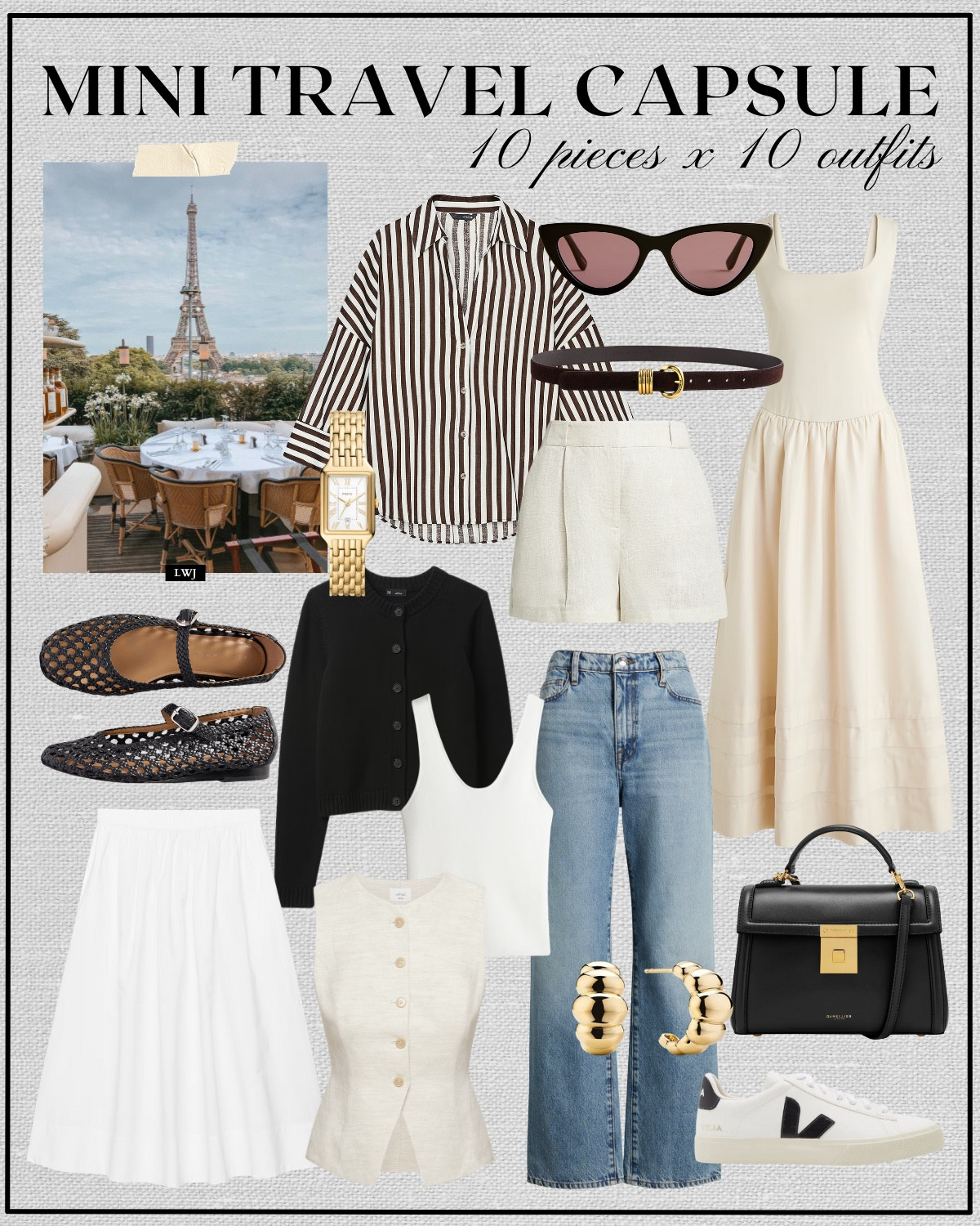 10x10 mini travel capsule: Paris edition 

Oversized striped shirt / linen shorts / cream maxi dress / white poplin skirt / linen vest / light blue wash wide leg jeans / black cardigan / white tank top/ Demellier purse / mesh ballet flats / sneakers / belt / cat eye sunglasses / europe outfit / France outfit 

#LTKTravel #LTKStyleTip