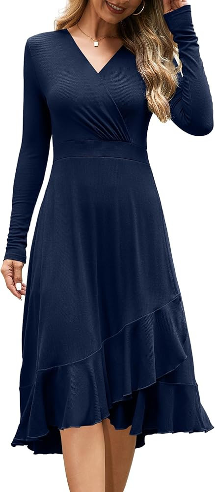 Beluring Wickelkleid Damen Elegant Langarm Midikleid V-Ausschnitt Einfarbig Rüschensaum Tunika K... | Amazon (DE)