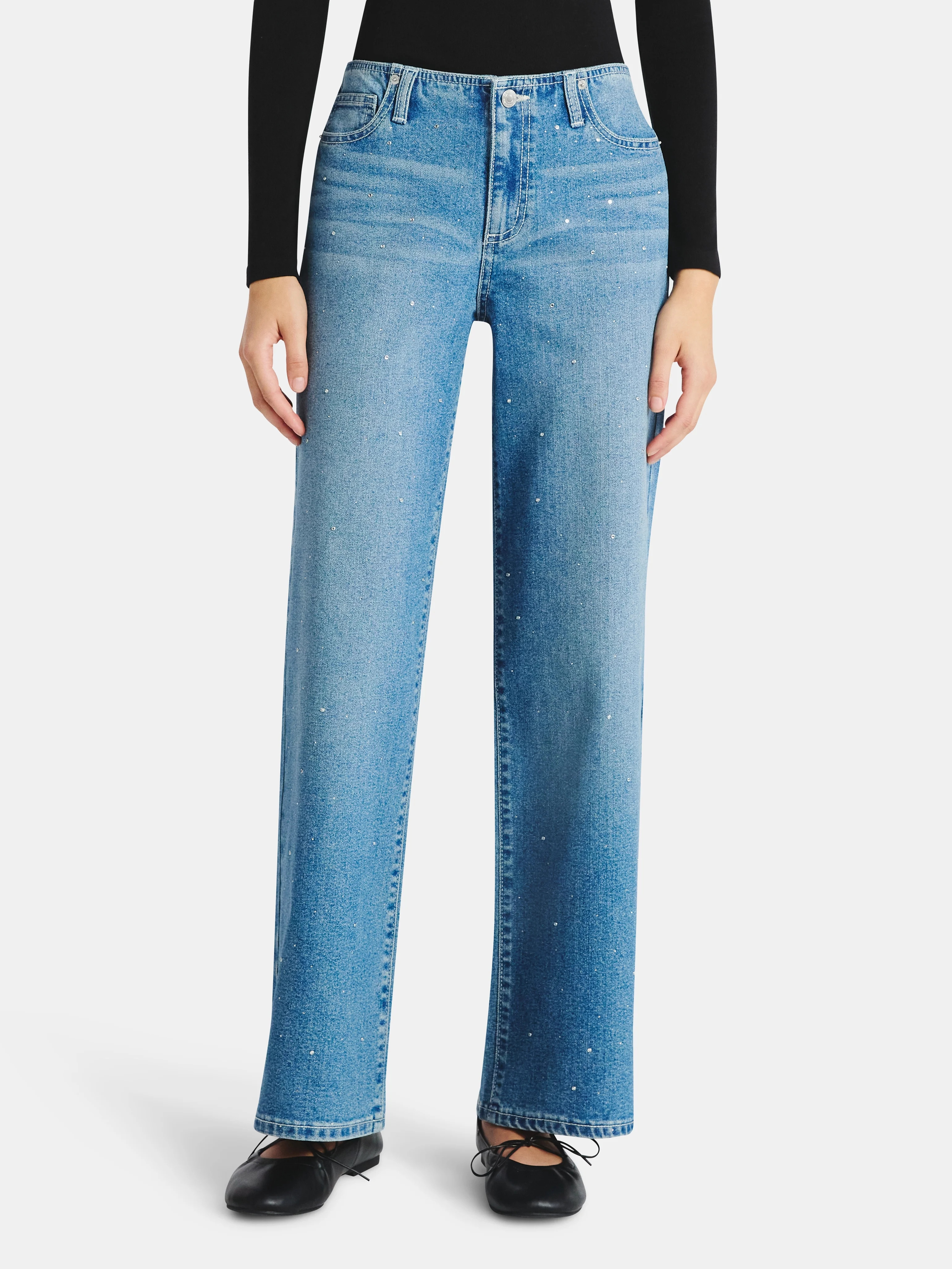 No Boundaries Studded Baggy Wide Leg Jeans, 31.5'' Inseam, Women's | Walmart (US)