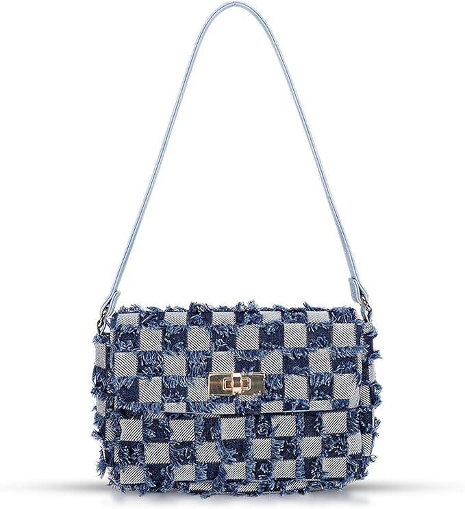 Tote Bag, Denim Fabric Soft Handbag Underarm Bag, Tassels Checkerboard Shoulder Bag, Handbags for... | Amazon (US)