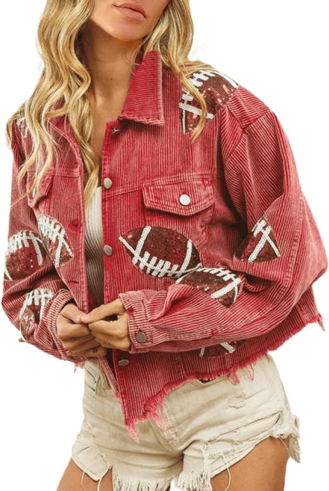 ELLENWELL Womens Cropped Corduroy Jacket Vintage Patched Football Sequin Shacket Jacket (Red-S) | Amazon (US)