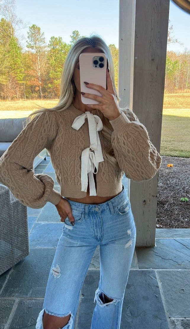 Bow Detail Sweater- Taupe/Ivory | These Three