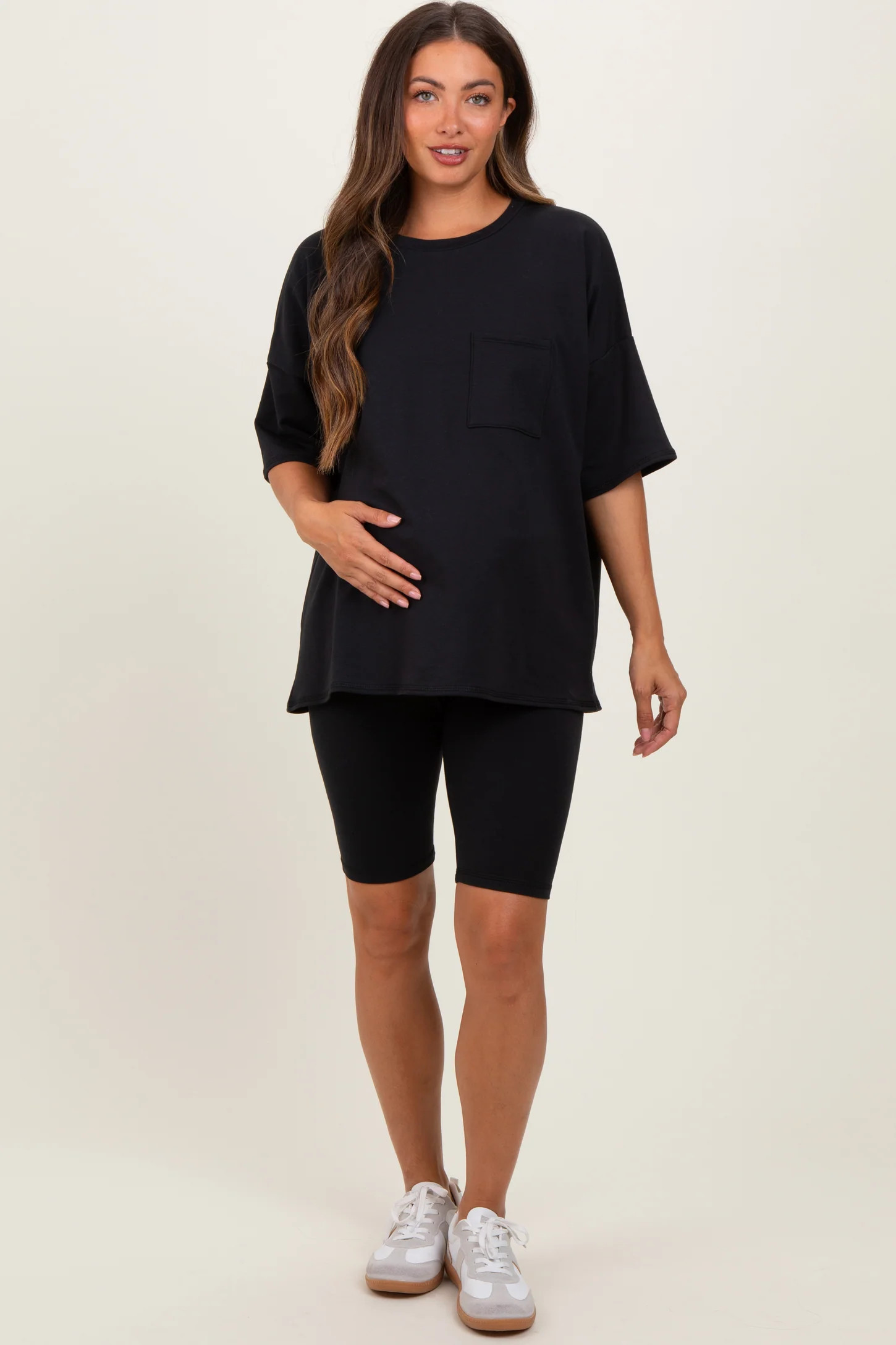 Black Oversized Short Sleeve Biker Short Maternity Set | PinkBlush Maternity