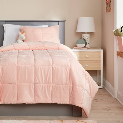 Full/Queen Kids' Comforter Set Windowpane Velvet Pink - Pillowfort™: Polyester Bedding, Box Quilting, OEKO-TEX Certified | Target