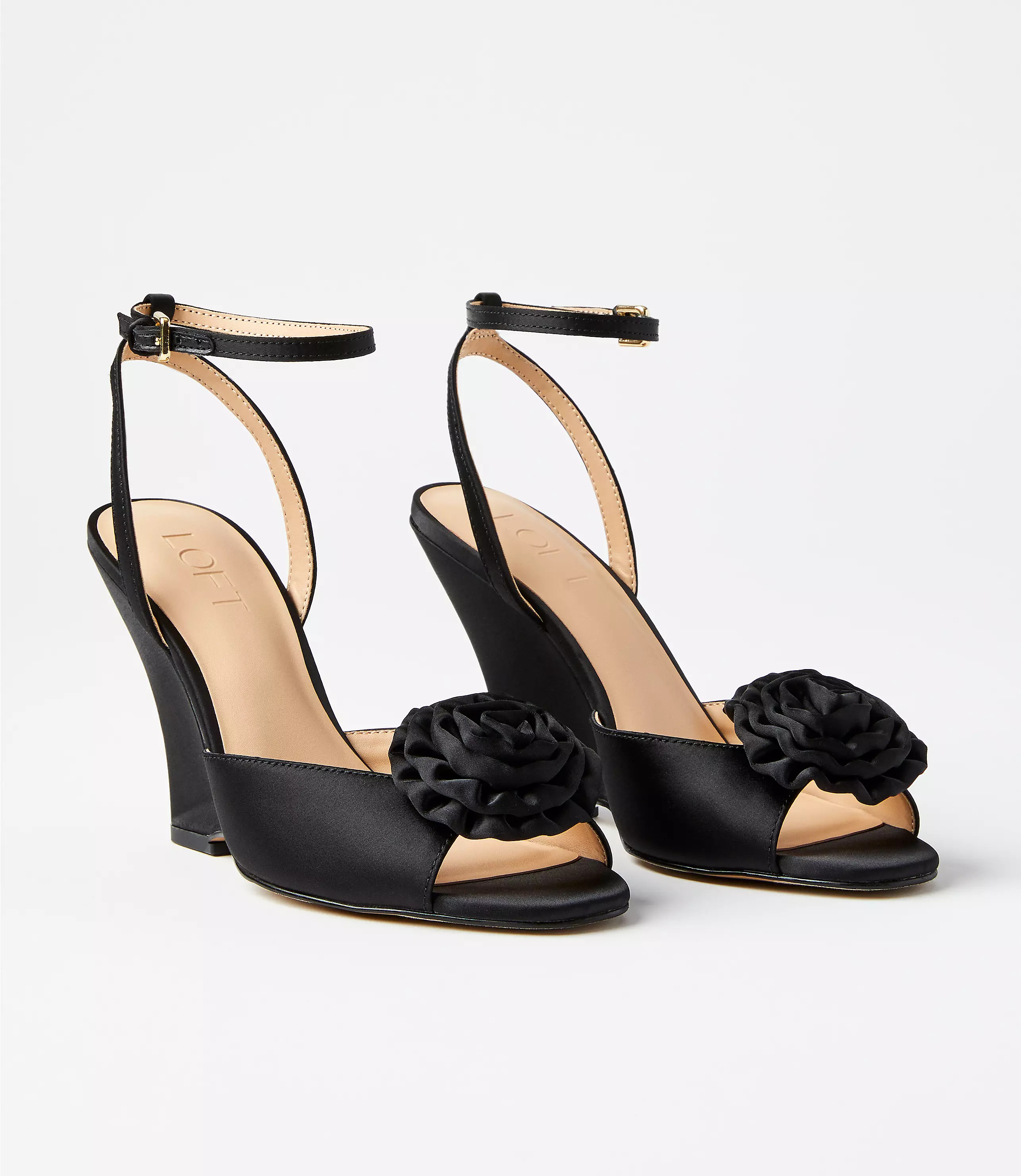 Rosette Satin Ankle Strap Wedge Sandals | LOFT