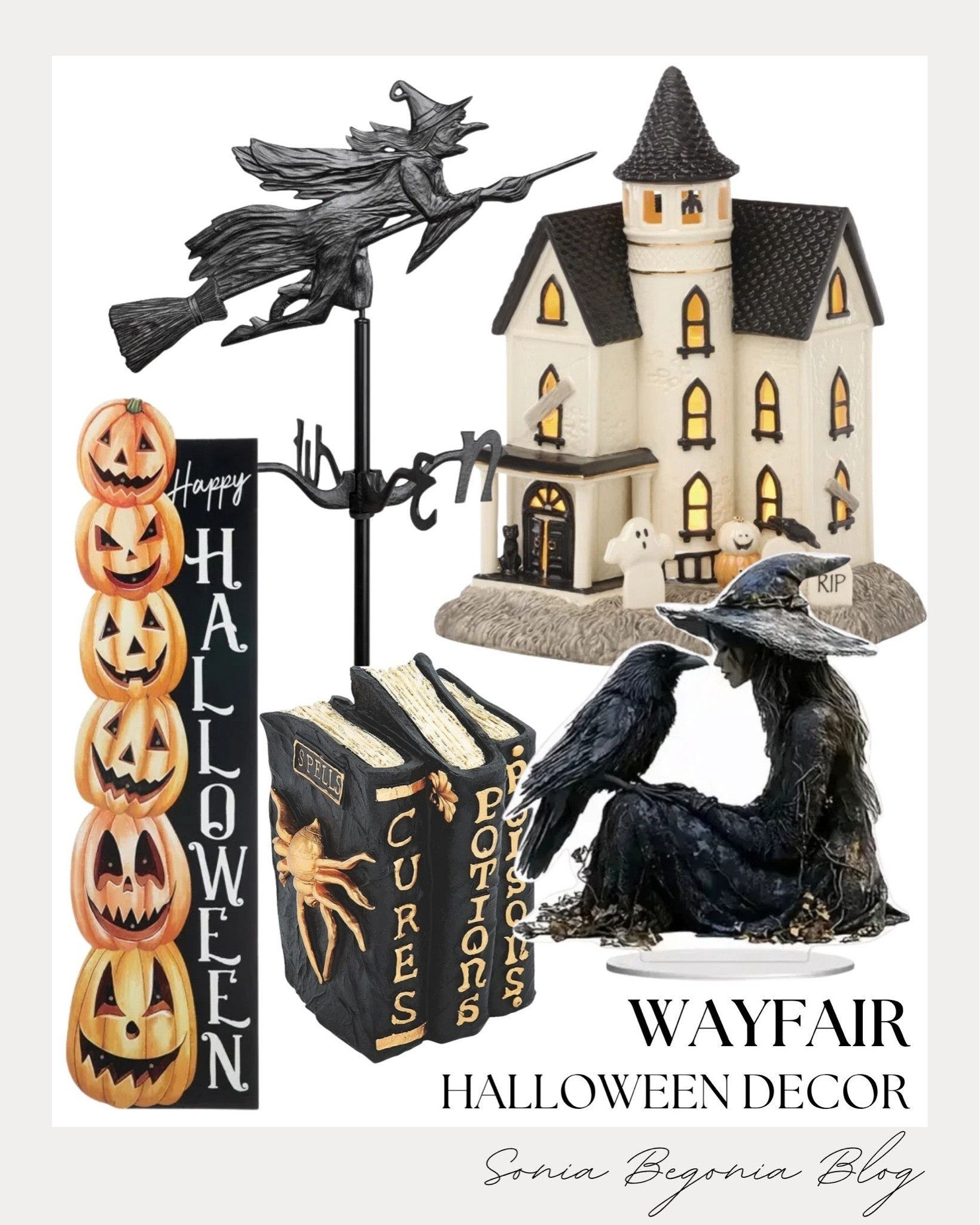 Spooky Wayfair Halloween finds! 🎃

I selected festive haunted accents including an illuminated haunted house, a flying witch weather vane, and spellbook decor.

I added a stacked jack-o'-lantern porch sign and a seated witch figure with a raven to complete the magical setup. 🧙‍♀️✨

#Wayfair #WayfairHome #HalloweenDecor #SpookySeason #LTKhome #SpookyDecor #HalloweenInspo #HomeStyling

#LTKSeasonal #LTKHome