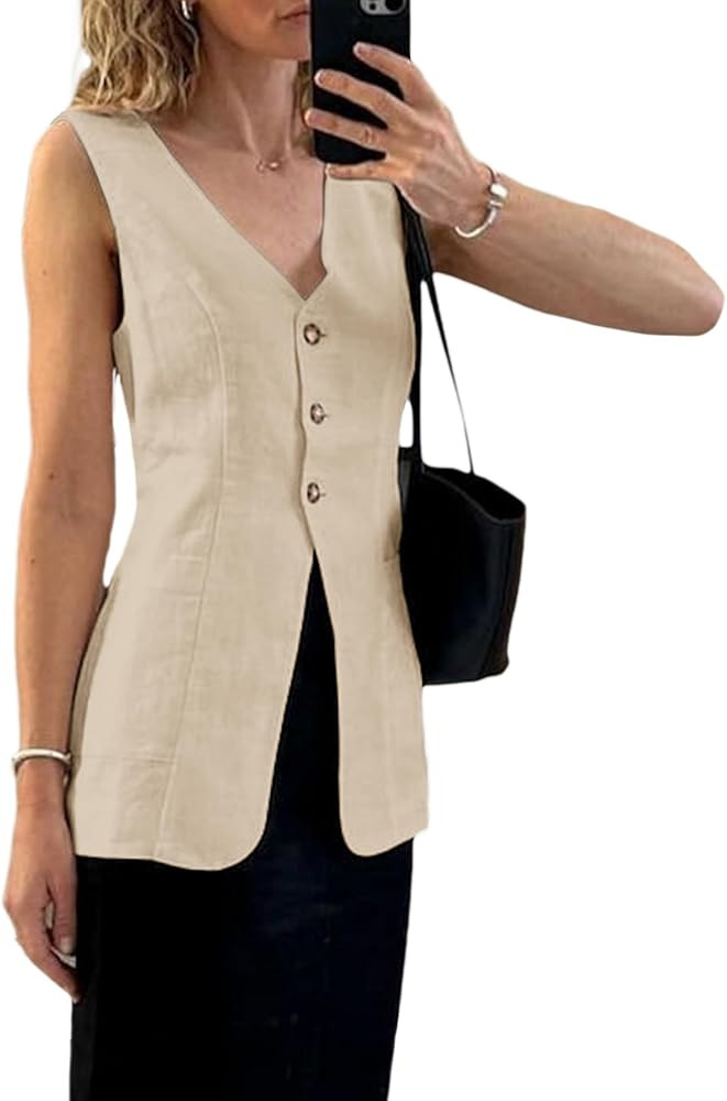 2024 Fall Long Linen Vest Blazer Y2K Lightweight Fashion Casual Top V-Neck Button Fully Lined Wor... | Amazon (US)