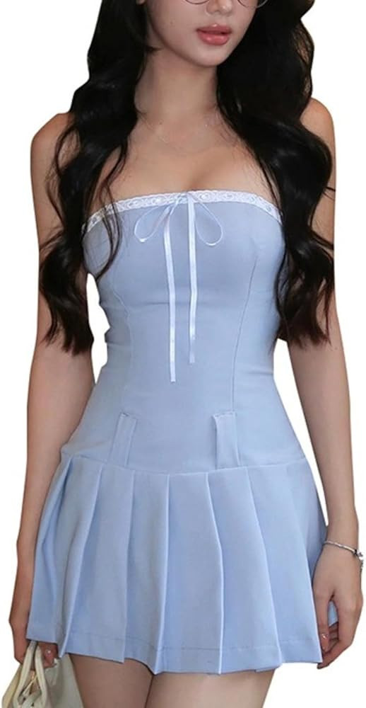 OCUH Tube Top Dress Lace Bow Patchwork Solid Color Sundresses Summer Vacation Outfits Strapless D... | Amazon (US)