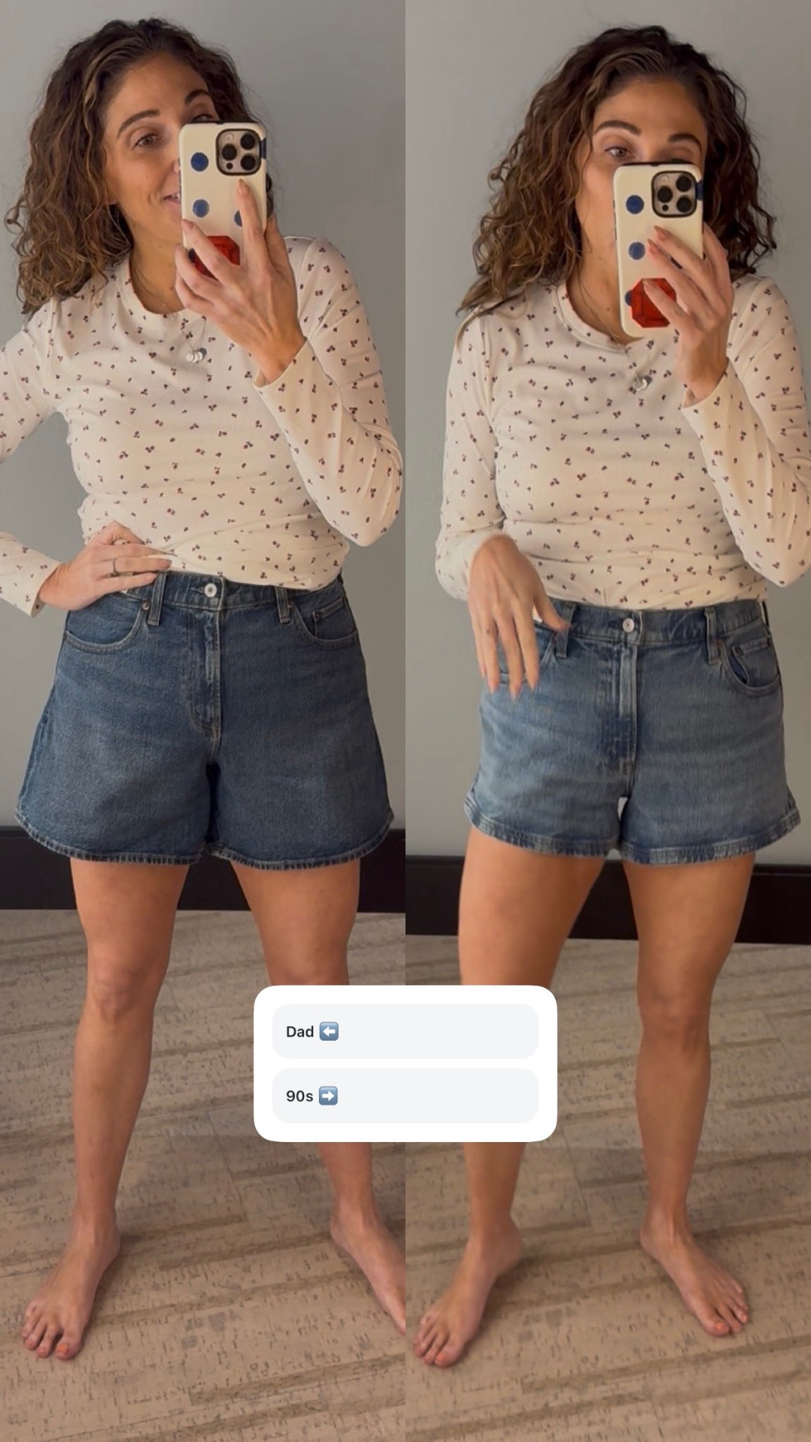 Abercrombie dressing room diaries. Went to return the dad short in the 29. Here it is on the left, in the 30. Definitely like the size up better! And then I also tried on their 90s midsize style in the 30. LOVED it!! Abercrombie continues to be my favorite for jeans shorts every year 

#LTKSaleAlert #LTKMidsize #LTKOver40