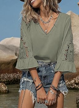 SHEWIN Womens Blouses V Neck T Shirts Pullover 3/4 Length Sleeve Tops Business Casual Spring Outf... | Amazon (US)