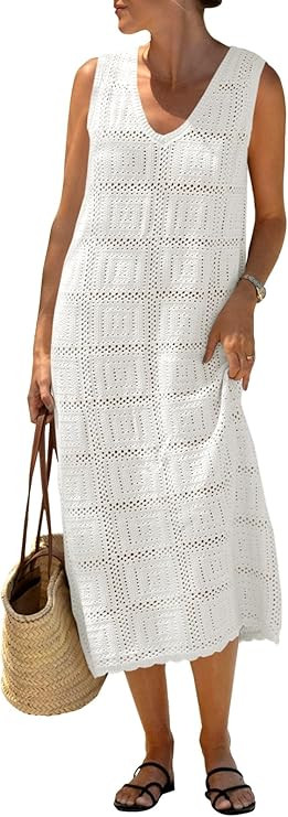 Fisoew Womens Crochet Sleeveless Dress Casual Summer V Neck Boho Knit Cover Up Beach Vacation Mid... | Amazon (US)