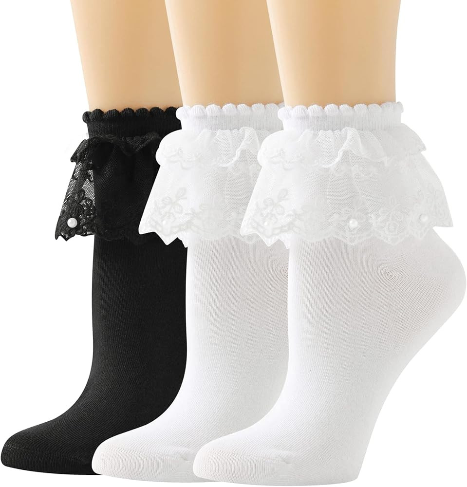 Lace Ruffle Frilly Ankle Socks for Women - Pearl Lace Socks | Amazon (US)