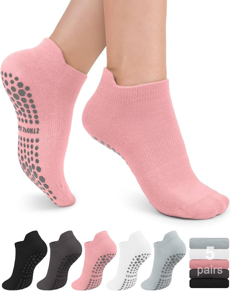 5 Pairs Pilates Grip Socks Yoga Socks with Grips for Women, Non-Slip Athletic Socks for Ballet, D... | Amazon (US)