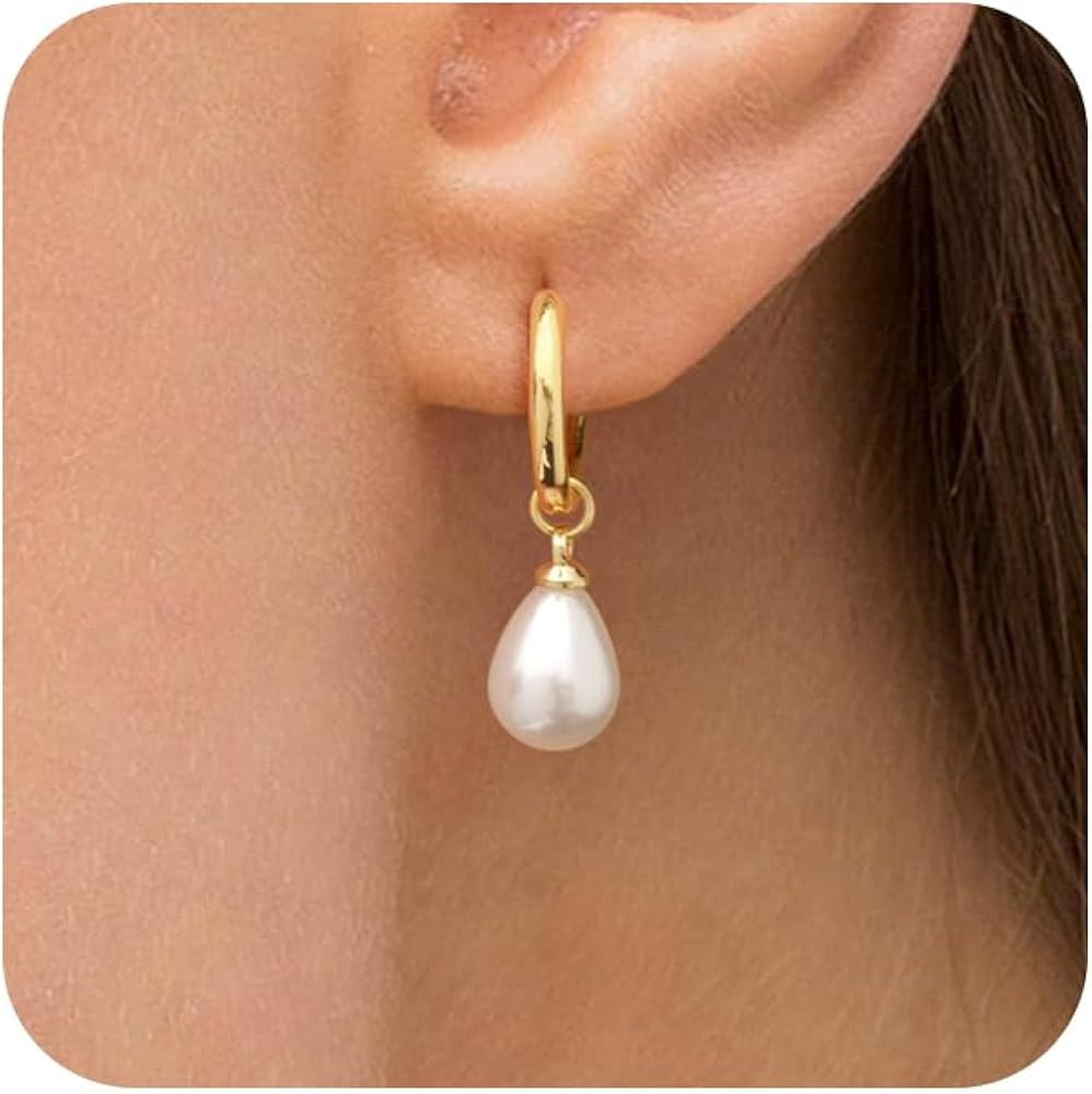 Gold Pearl Dangle Earrings for Women, 14K Gold Plated Small Pearl Drop Huggie Hoop Earrings, Hypo... | Amazon (US)