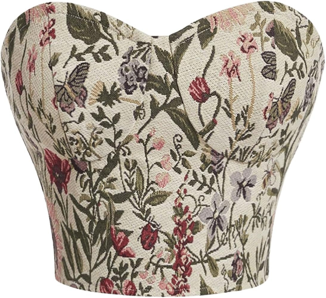 OYOANGLE Women's Floral Print Strapless Tube Tops Tie Back Bandeau Tops Renaissance Corset Tops | Amazon (US)