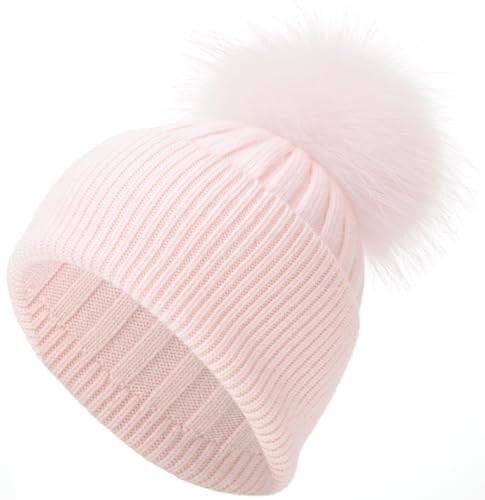 Pink Cashmere Beanie Hat for Women Winter Ribbed Knit Cuffed Beanie Skull Cap Hat with Real Fur Pom Pom Beanie Knit Ski Hat | Amazon (US)