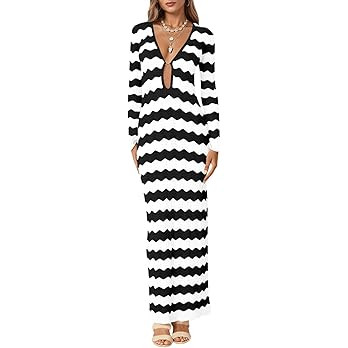Saodimallsu Womens Crochet Summer Maxi Dress Striped Sexy Cut Out V Neck Long Sleeve Knit Cover U... | Amazon (US)