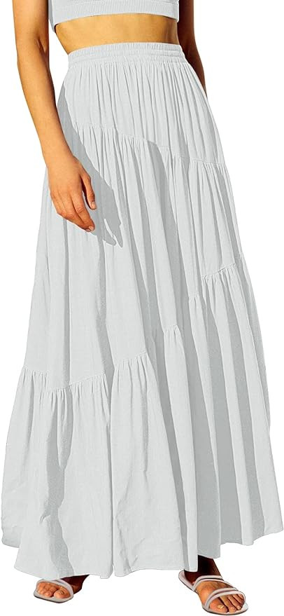 ANRABESS Women’s Boho Elastic High Waist Pleated A-Line Flowy Swing Asymmetric Tiered Maxi Long... | Amazon (US)