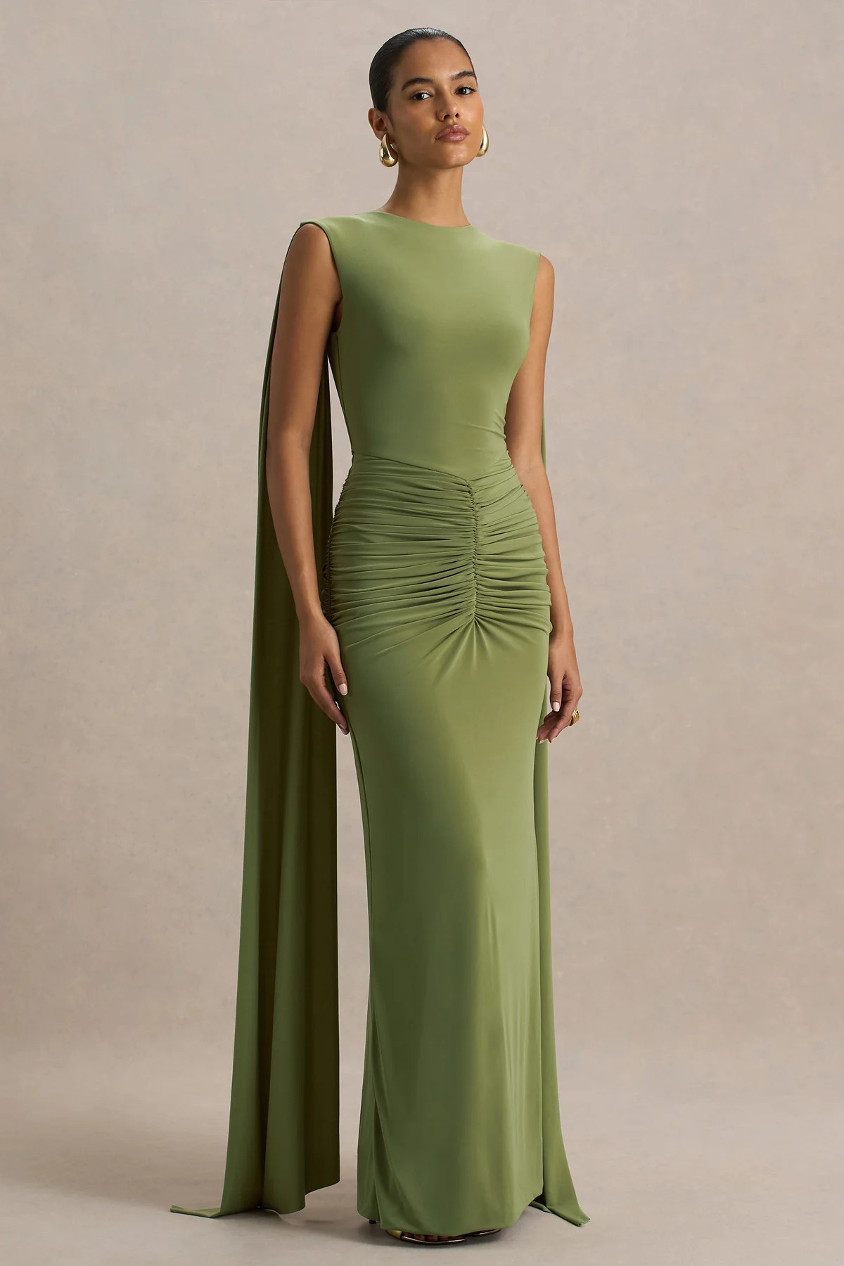 Premiere  Olive Boat-Neck Maxi Dress With Cape-Sleeves And Open-Back | Club L London