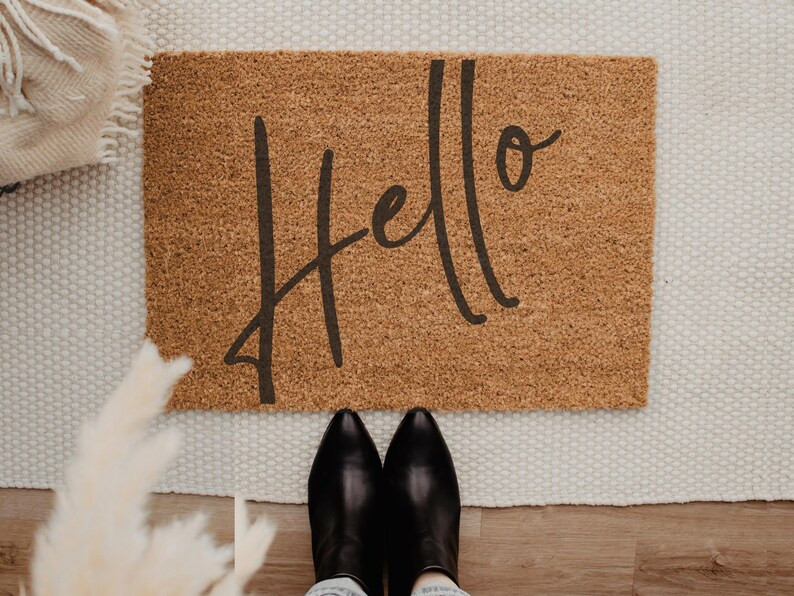 Hello Script Doormat, Cursive Script, Farmhouse Decor, Coir Doormat, Cute Modern Mat, Couples Gif... | Etsy (US)
