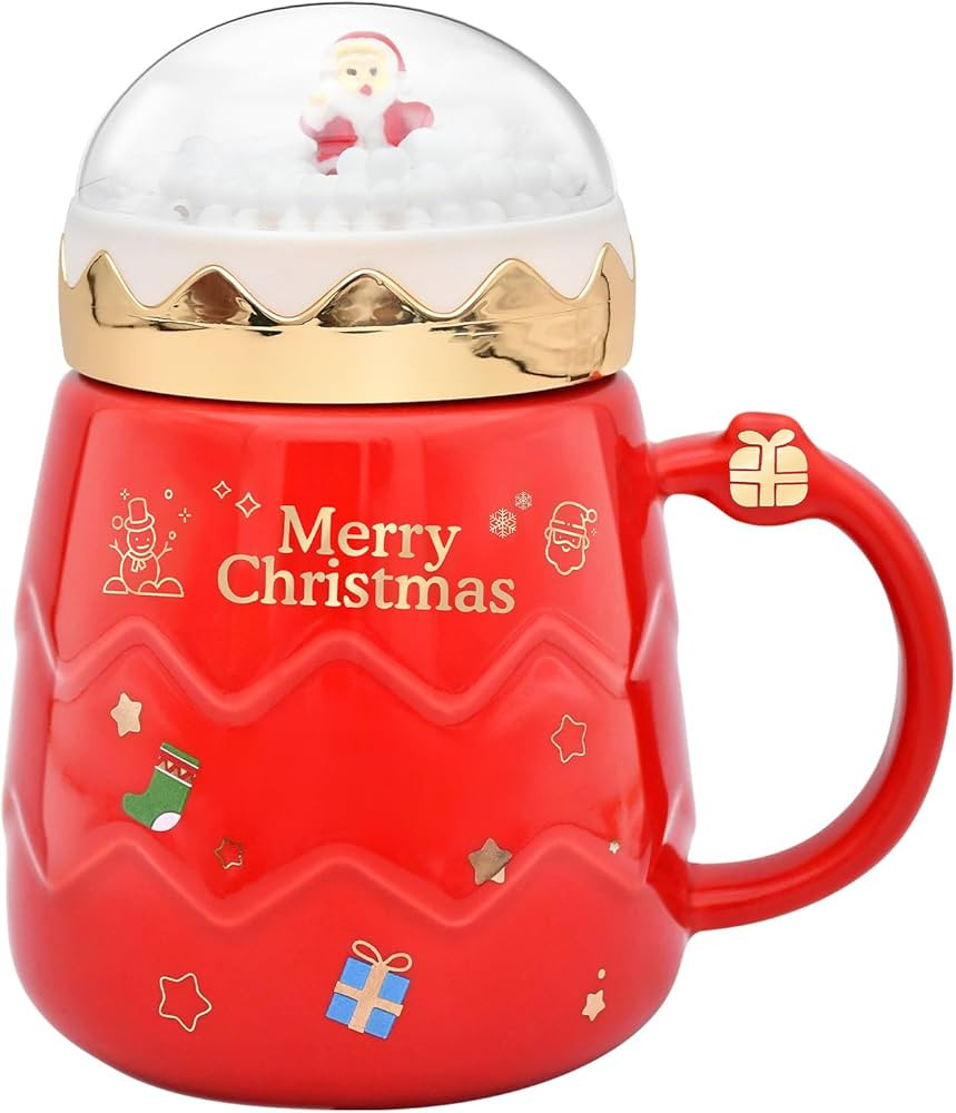 17.6 oz Christmas Mug with Winter Snow Globes Lid Decorations, Large Cute Festive Ceramic Coffee ... | Amazon (US)