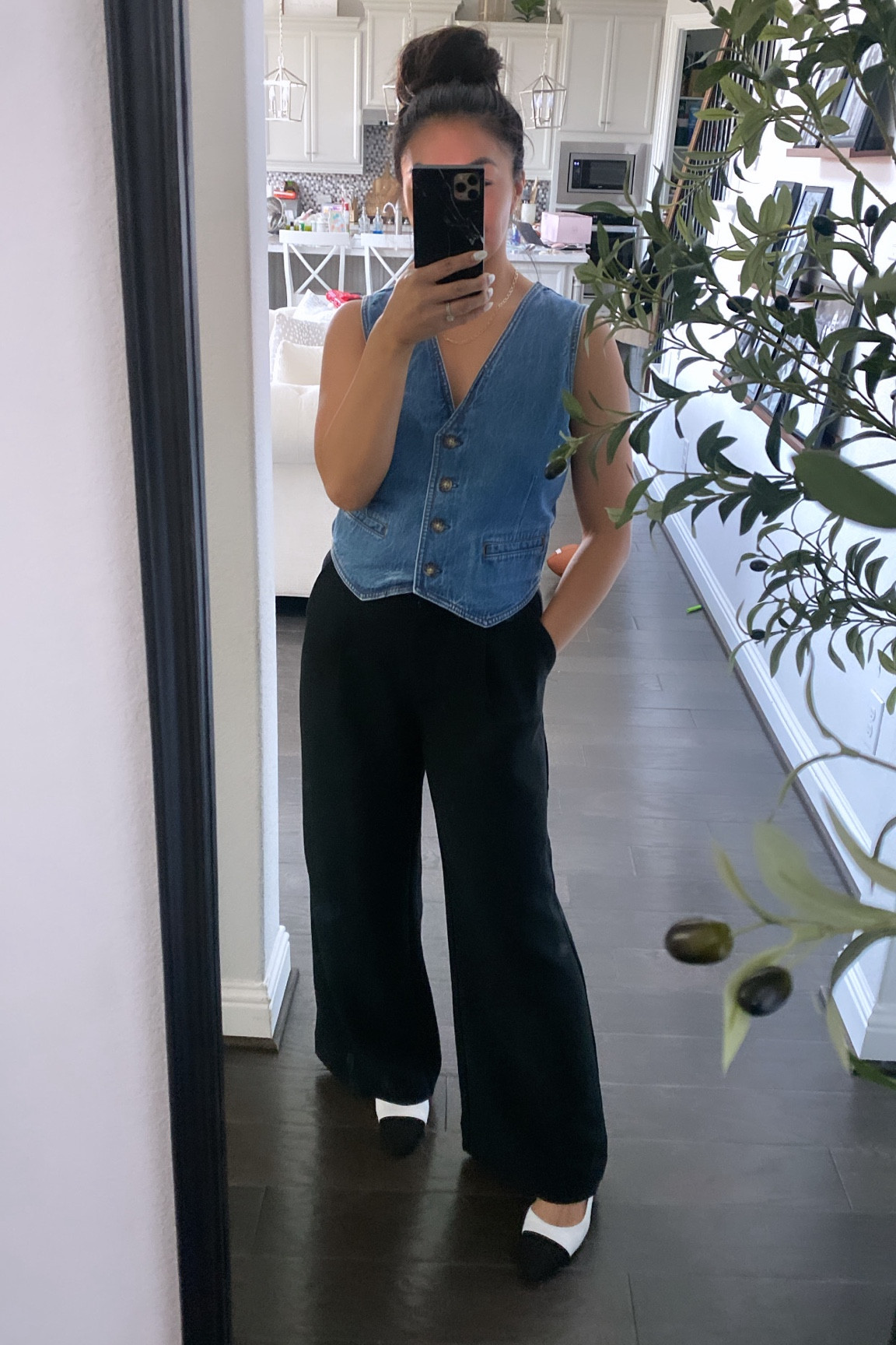 Denim vest (s) and black trousers (27 short)

Color block heels from amazing true to size 

#LTKStyleTip #LTKOver40