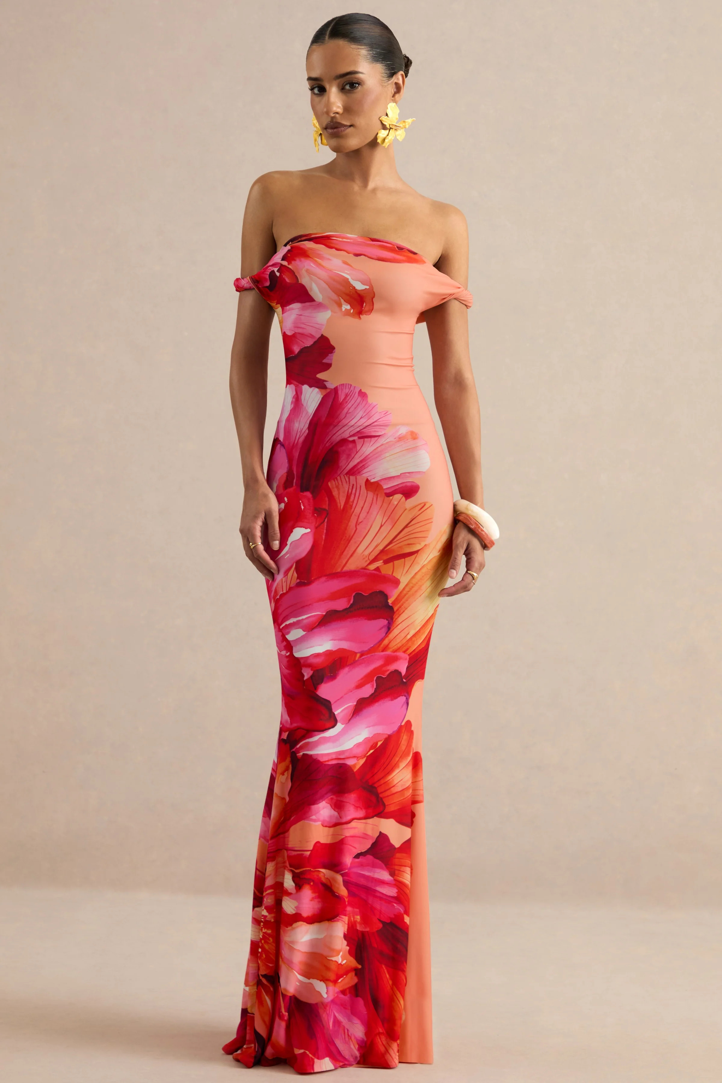 Katia | Hot Pink Placement Floral Print Asymmetric-Neck Maxi Dress | Club L London