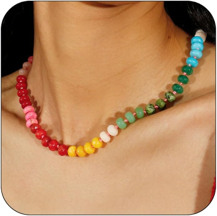 Gemstone Beaded Necklace for Women Colorful Natural Stone Freshwater Pearl Surfer Beach Rainbow N... | Amazon (US)
