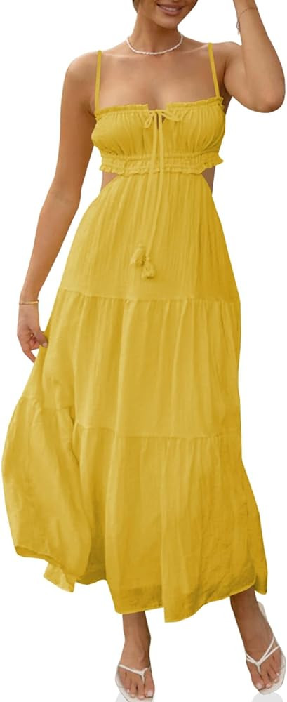 Fisoew Women's Spaghetti Strap Maxi Dress Summer Sleeveless Side Cut Out Dress Casual Boho Backle... | Amazon (US)