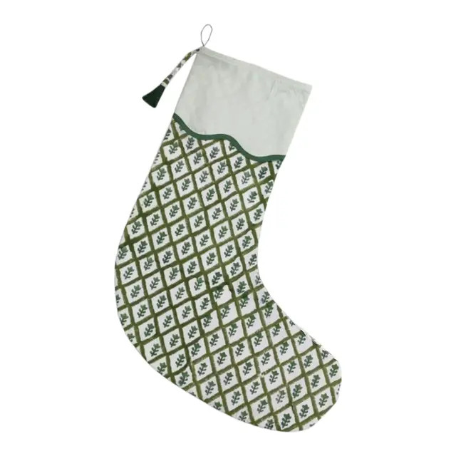 Handmade Green Botanical Christmas Stocking with Green Piping | Chairish