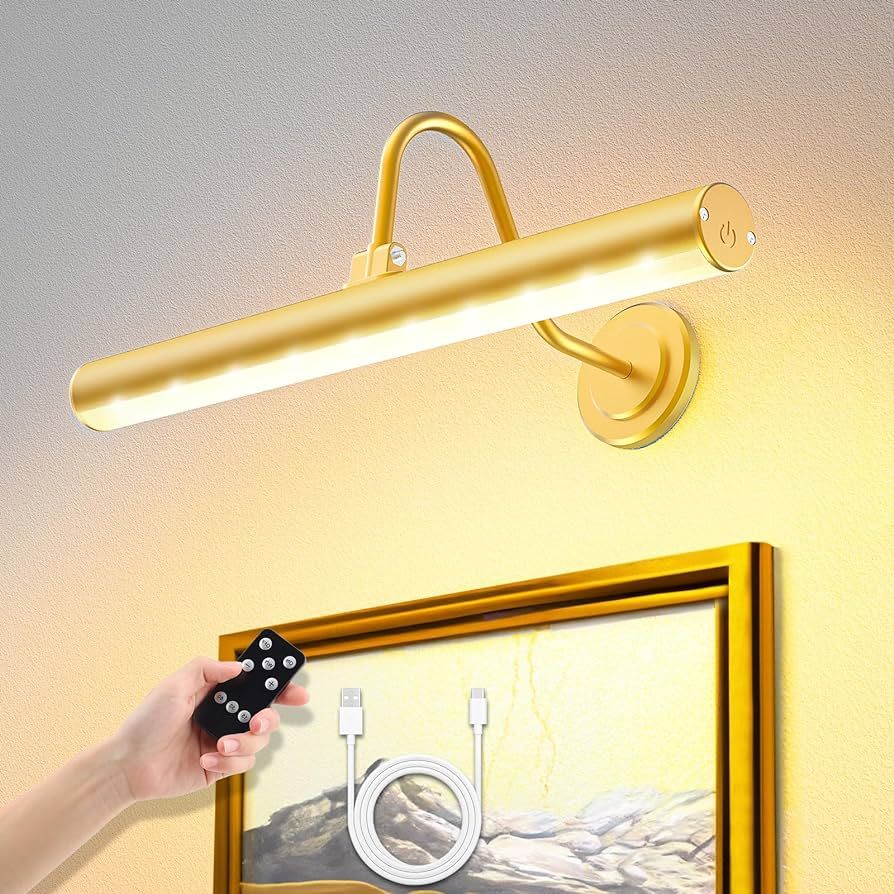 Battery Operated Wireless Picture Light, Gold Picture Light for Wall with Remote Control and Time... | Amazon (US)