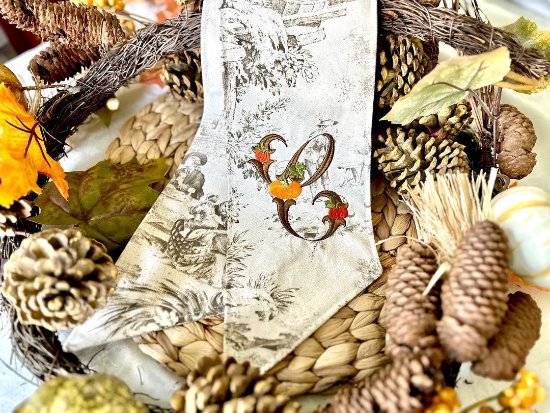 Monogrammed Taupe Toile Thanksgiving Wreath Sash for Front Door, Personalized Chinoiserie Pumpkin... | Etsy (US)