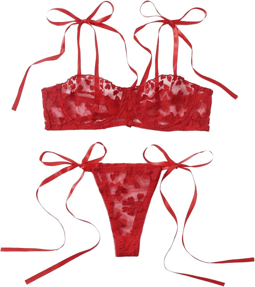 SheIn Women's Floral Mesh Underwire Bra Side Tie Panty Set Two Pieces Lingerie Set | Amazon (US)