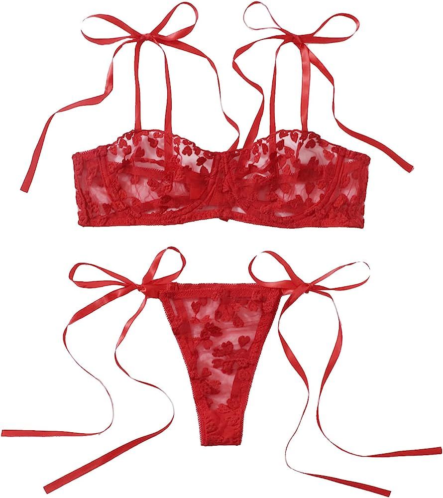 SheIn Women's Floral Mesh Underwire Bra Side Tie Panty Set Two Pieces Lingerie Set | Amazon (US)