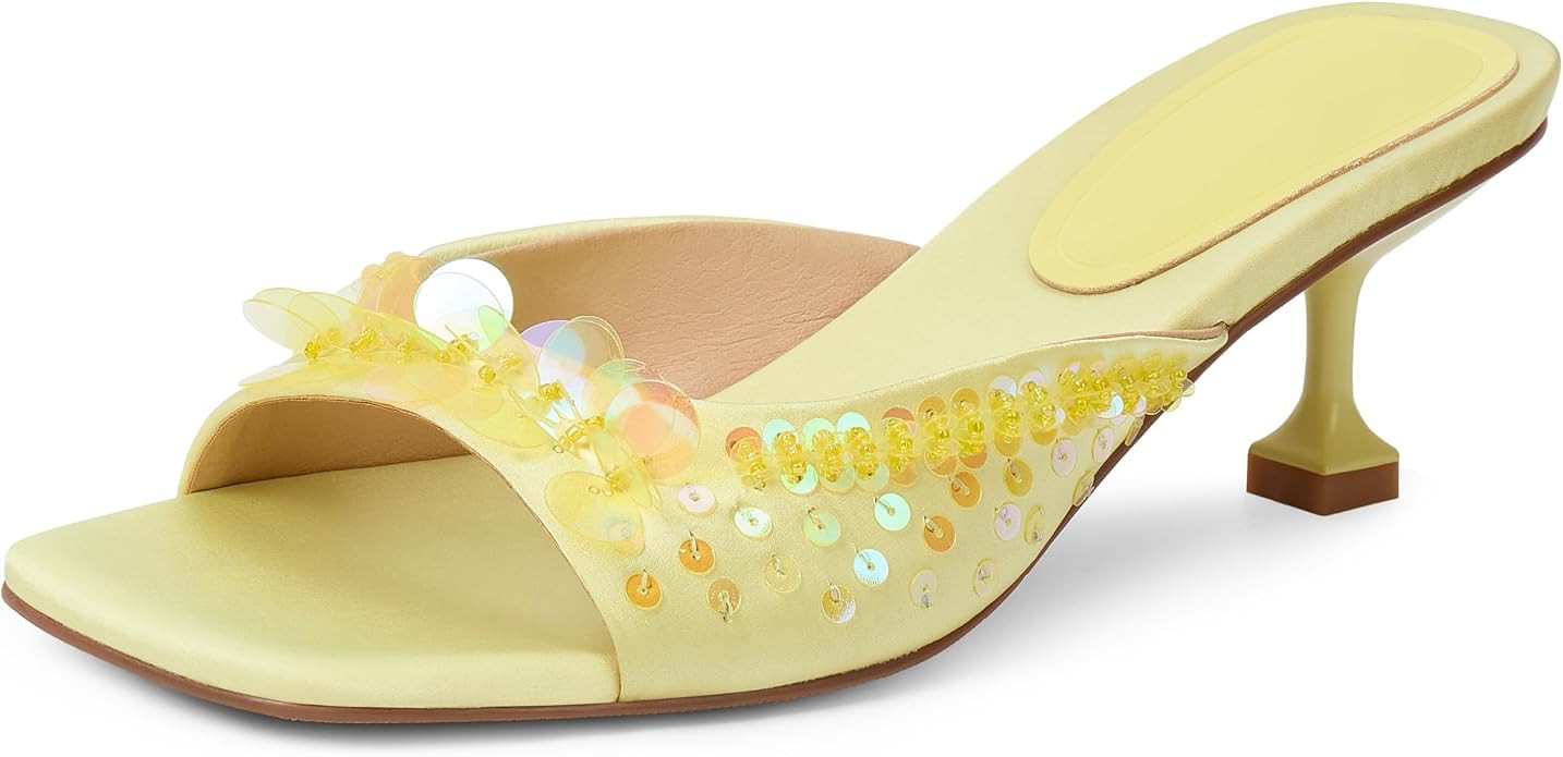 SOVANYOU Sequin Kitten Heels for Women Square Toe Heeled Mules Floral Open Toe Heeled Sandals for... | Amazon (US)