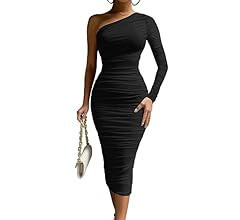 LAGSHIAN Women's Elegant Bodycon One Shoulder Long Sleeve Ruched Midi Cocktail Party Dress | Amazon (US)
