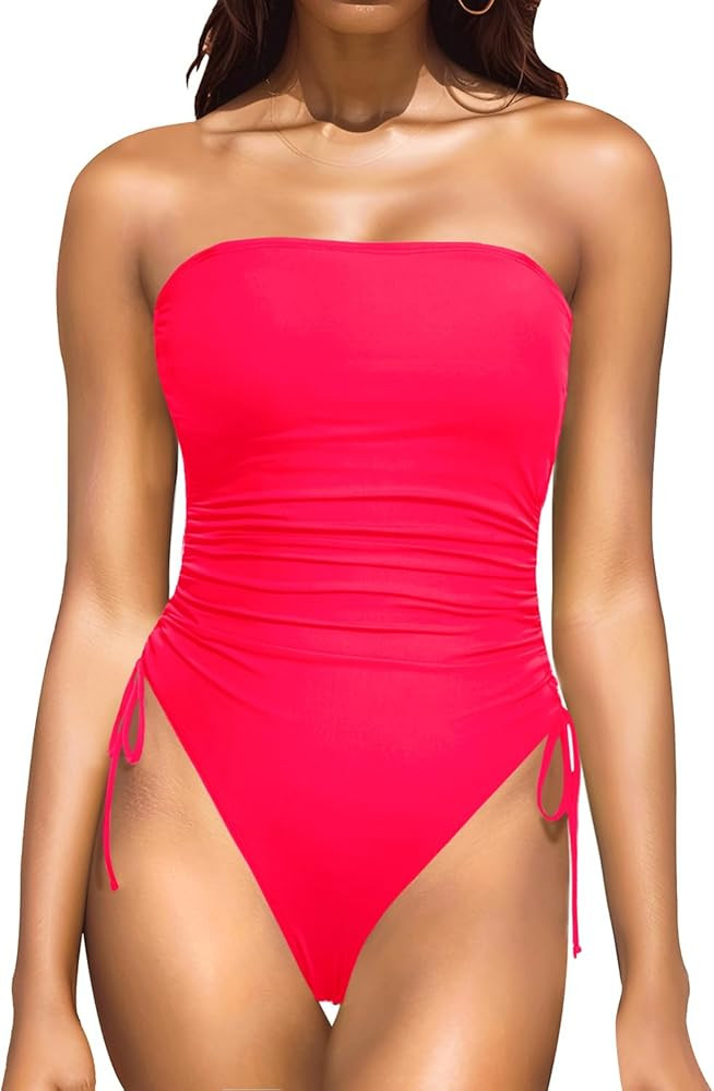 Yonique Women Strapless One Piece Swimsuit Tummy Control Bandeau Bathing Suit Cheeky Swimwear | Amazon (US)