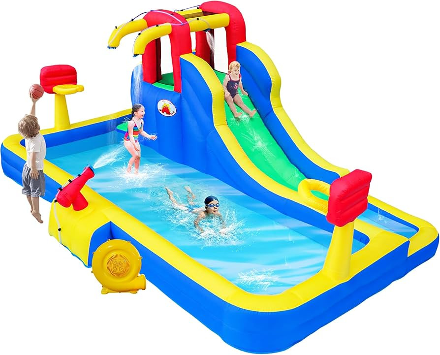 Inflatable Water Park with Blower, Bouncy Castle with Water Cannon and Double Basketball Rings | Amazon (US)