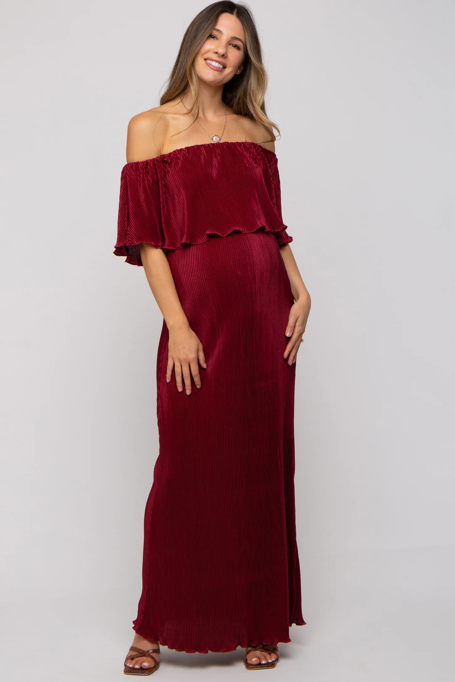 Burgundy Pleated Ruffle Off Shoulder Maternity Maxi Dress | PinkBlush Maternity