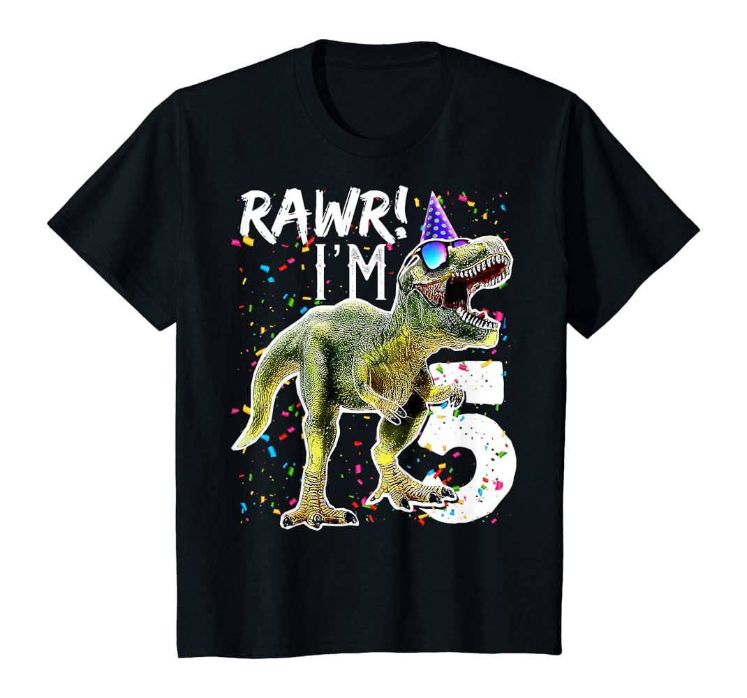 Kids Rawr I'm 5 5th Birthday Party T Rex Dinosaur Gift for Boys T-Shirt | Amazon (US)