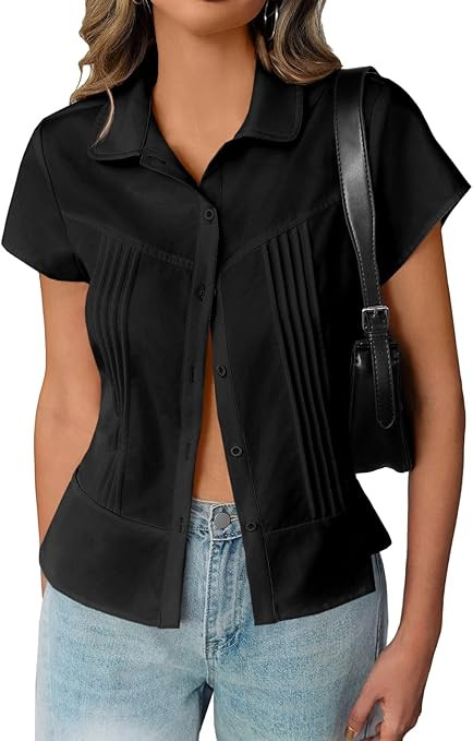 Cicy Bell Womens Short Sleeve Button Down Shirts Pleated Slim Fit Summer Dressy Casual Blouses | Amazon (US)