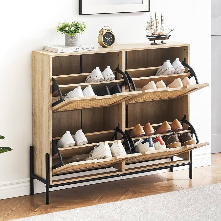 Shoe Cabinet with 4 Drawers, Wooden Shoe Storage Cabinet, Narrow Shoe Cabinet, Freestanding Hidde... | Amazon (US)